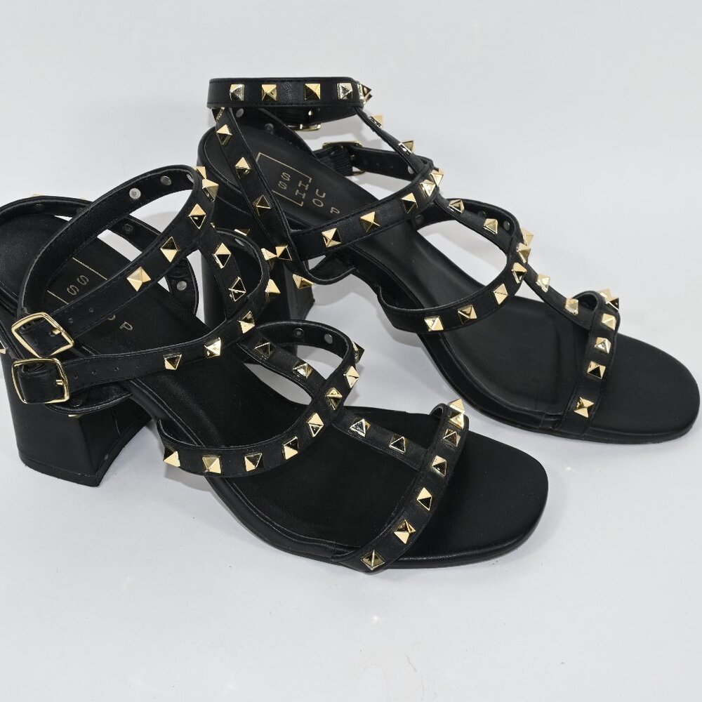 Shu Shop Women's Gold Studded Block Heeled Black Sandal